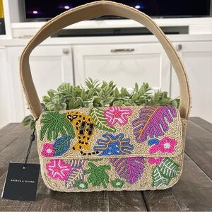 NWT America & Beyond Beaded Jungle Leopard Tropical Floral Shoulder Bag